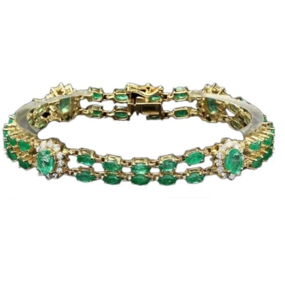Impressive 13.30 Carats Natural Emerald & Diamond 14K Solid Yellow Gold Bracelet